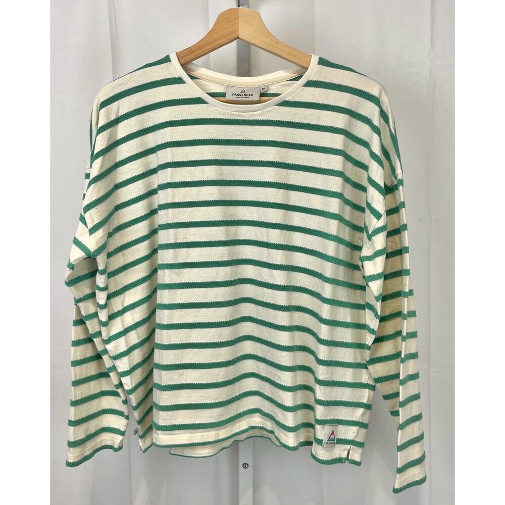 PASSENGER Panorama Striped Long Sleeve T-Shirt Breton Green Off White 2XL XXL